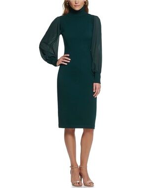 Vince Camuto Women's Knit Turtleneck Sheath Dress with Chiffon Long Sleeves